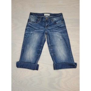Maurices Women's SZ 3/4 Capri Jeans Cuffed Hem Blue Distressed